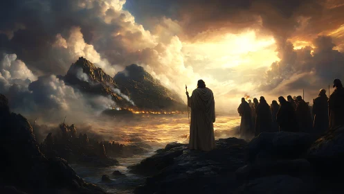 Stormlit prophets pause as molten dawn crowns distant peaks