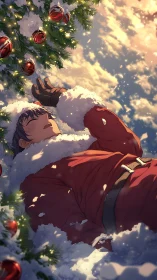 Exhausted Santa figure resting in snow under lit fir branches