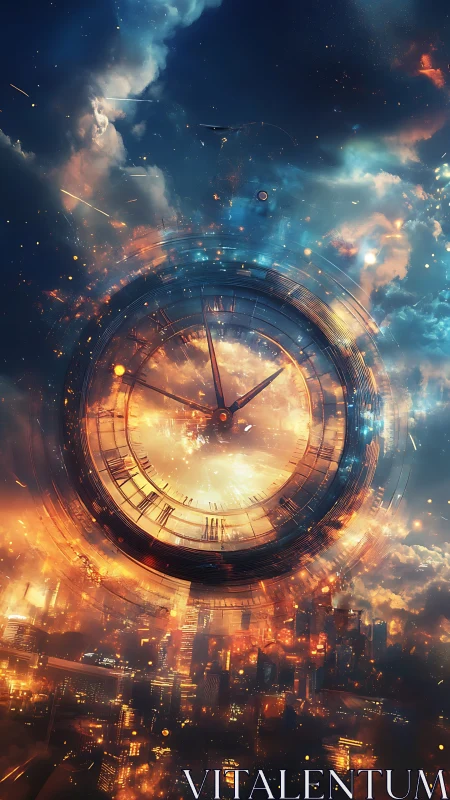 Cosmic clock hovers above a burning futuristic cityscape.