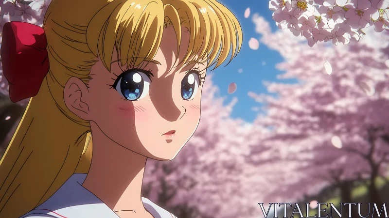 Springtime reflection under drifting cherry blossoms.