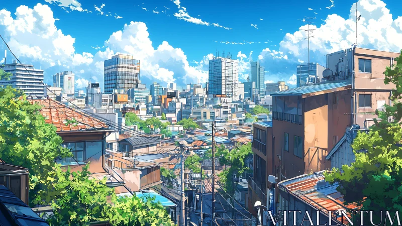 Urban residential hillside view toward modern city skyline.