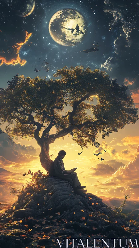 Man reading under lone tree beneath moons and sky.