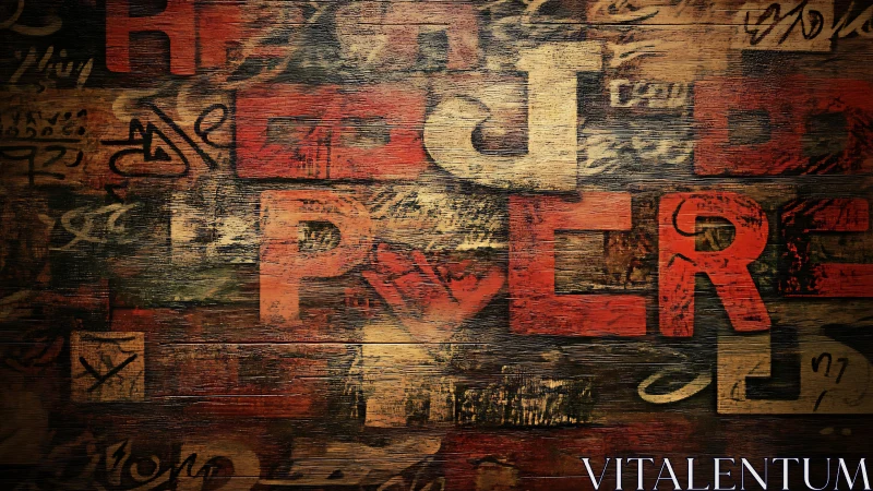 Textured wooden typography collage with bold distressed letters.