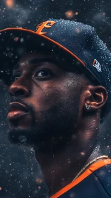 Confident baseball player gazes upward through glowing rain