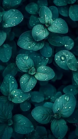 Raindrops form on densely packed oval leaves in view