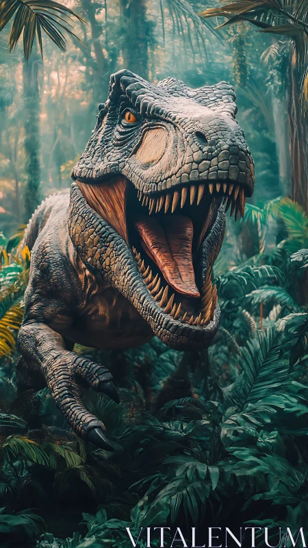 Roaring Tyrannosaurus rex charging through dense jungle.