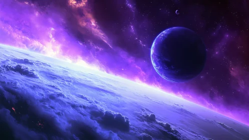 Oblique exoplanet horizon renders luminous violet nebula