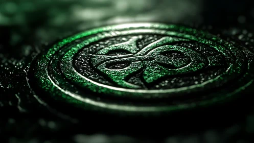 Green embossed circular emblem with abstract knotwork.