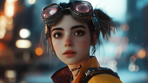 Streetwise tech girl in glowing cyberpunk city portrait.