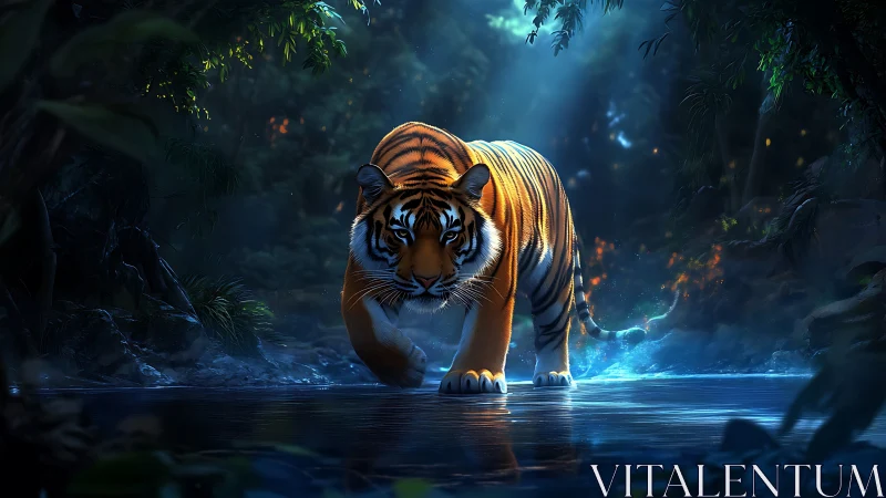 Gentle tiger strides through moonlit jungle waterway.