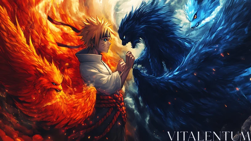 Fire and frost spirits circling a determined young warrior.