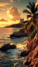 Coastal cliff shoreline with palm tree and urban skyline.