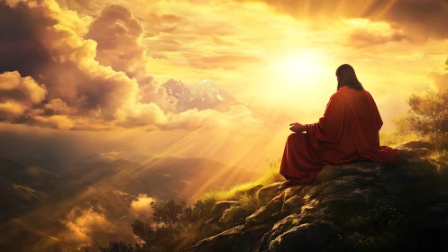 Sun-drenched seeker listens to mountains breathe in gold