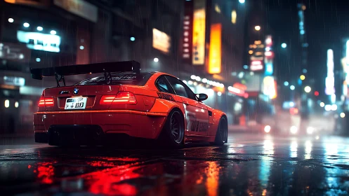 Modified red BMW coupe is parked on a wet neon city street
