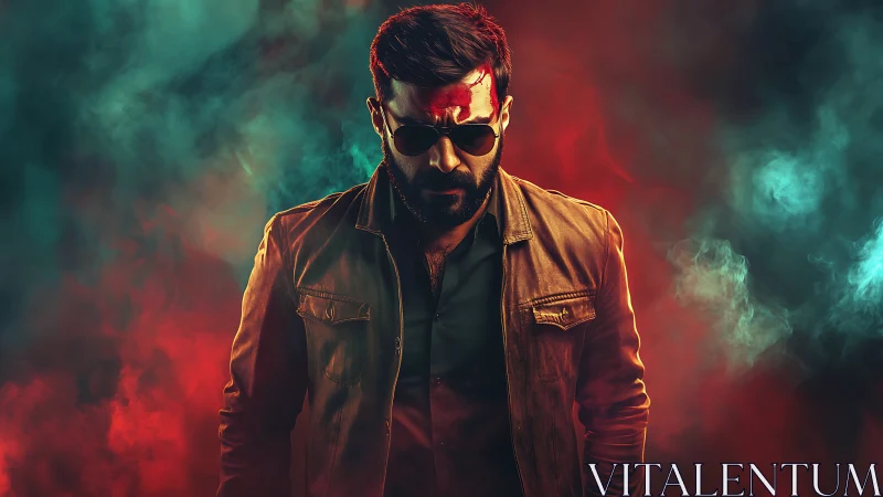 Brooding hero in leather jacket amid red teal smoke haze.