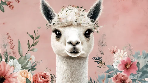 Flower-crowned llama muse amid rosy garden hush.