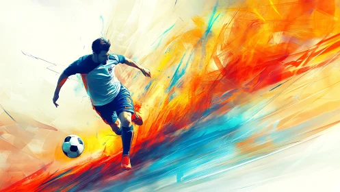 Dynamic digital painting of a soccer player in motion fieldscape.