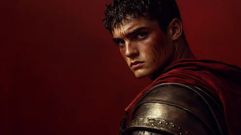 Young armored warrior with bloodstained face in profile view.