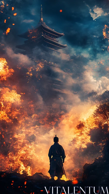 Samurai silhouette before burning pagoda in dense smoke.