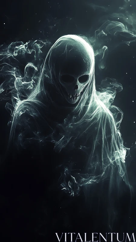 Spectral reaper emerges from swirling ethereal smoke shroud.
