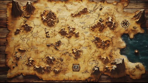 Fantasy regional map with mountains, rivers and coastline.