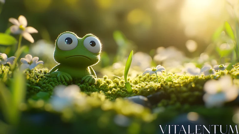 Tiny green frog watches glowing meadow in soft sunrise light