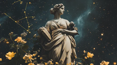 Celestial marble muse gazes over constellations and blooms.