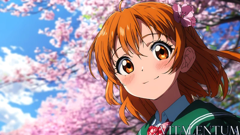 Smiling orange haired anime girl under pink cherry blossoms.