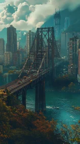 Steel bridge spanning teal river through dense high-rise city.