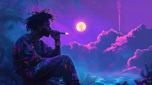 Neon moonlit rapper dreaming lyrics above electric waves.