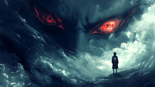 Stormlit wanderer facing colossal demonic eyes in mist.