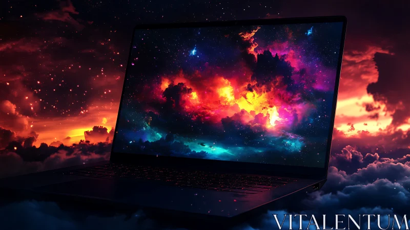 Laptop screen displays vivid cosmic nebula over clouds.