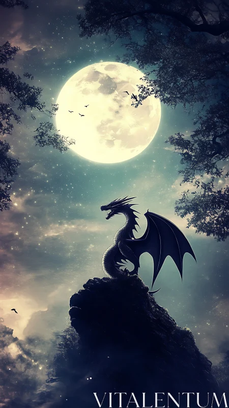 Moon-bathed dragon sentinel on a star-swirled cliffside.