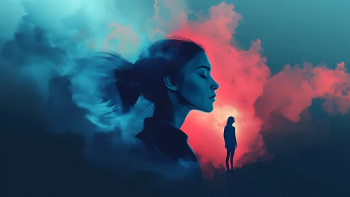 Contemplative woman in blue and red atmospheric clouds.