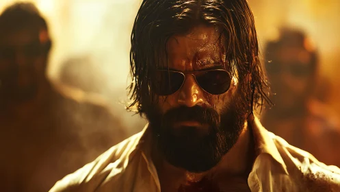 Intense bearded man in sunglasses in harsh golden light.