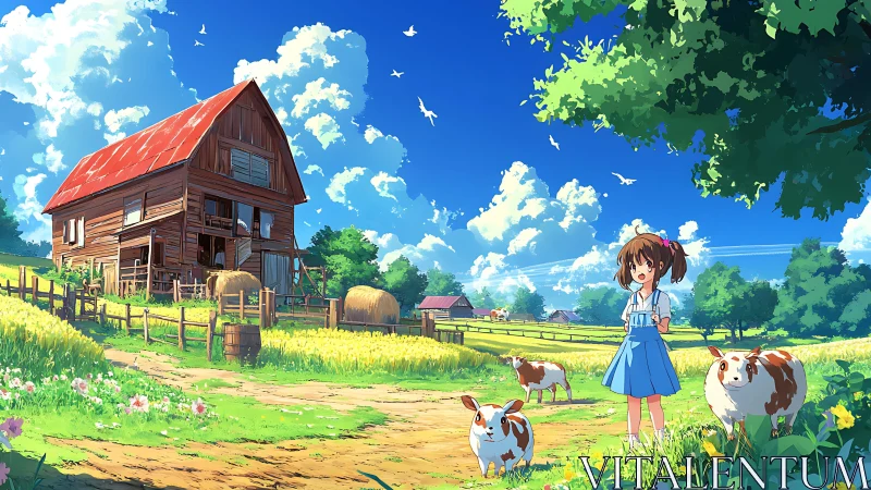 Rural farm landscape presents barn, field, child and animals