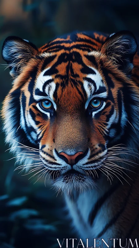 Regal tiger gazes forward with calm, unforgettable blue eyes