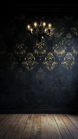 Black chandelier hangs above dark damask wall and floor