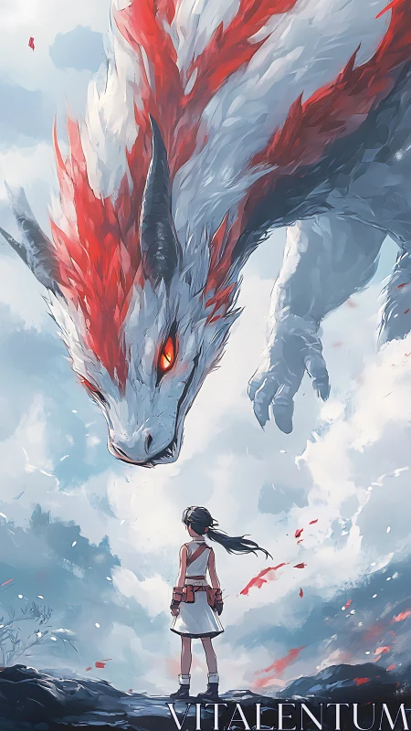 Digital painting of girl confronting skyborne crimson dragon.