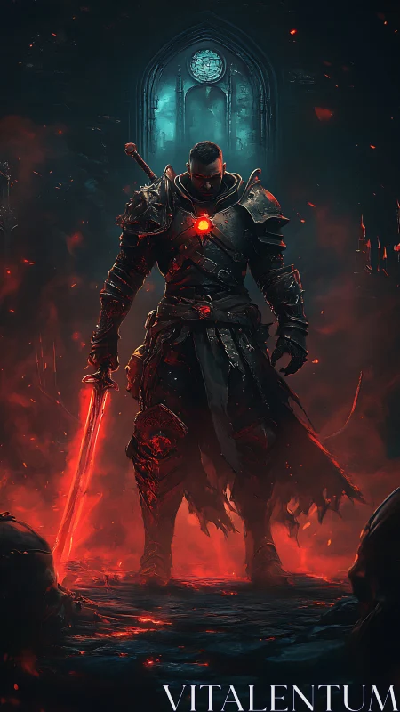 Armored warrior stands with glowing sword in dark hall