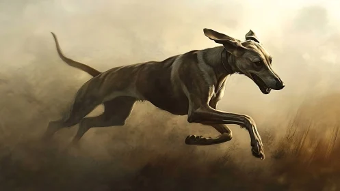 Greyhound in wildfire motion across dustlit horizon run.