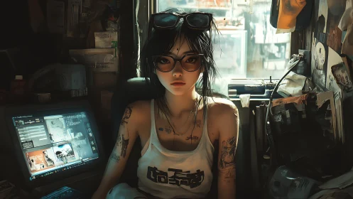 Cyberpunk hacker girl in cluttered neon-lit workshop interior