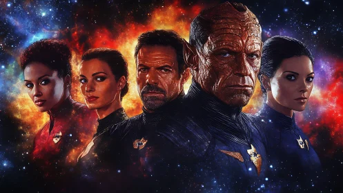 Starfaring team framed by cosmic fire and distant starlight.