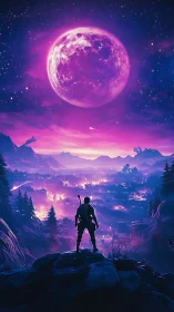 Lone warrior overlooking neon valley under massive moon.