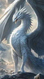 White scaled dragon stands in mountainous environment