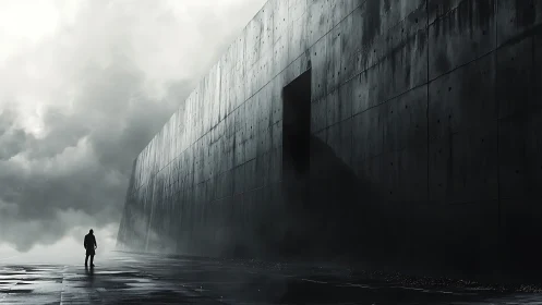 Lone wanderer approaches a vast, mysterious dark wall.