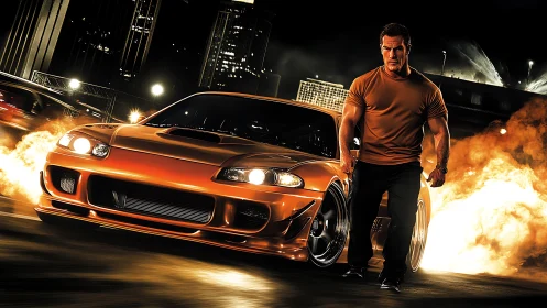 Muscular driver strides beside flamed-out orange tuner coupe