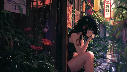 Quiet rainy alleyway moment with a thoughtful anime girl.