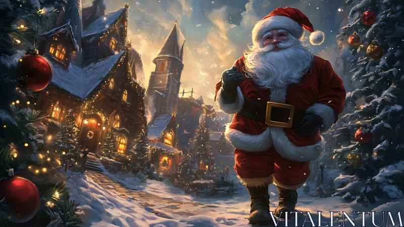 Santa Claus strides through illuminated snowy village street