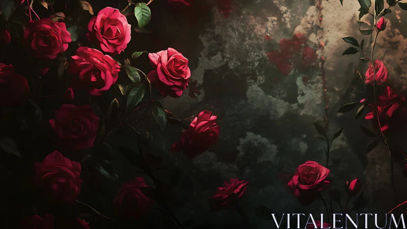 Crimson Roses Against Weathered Stone Wall.